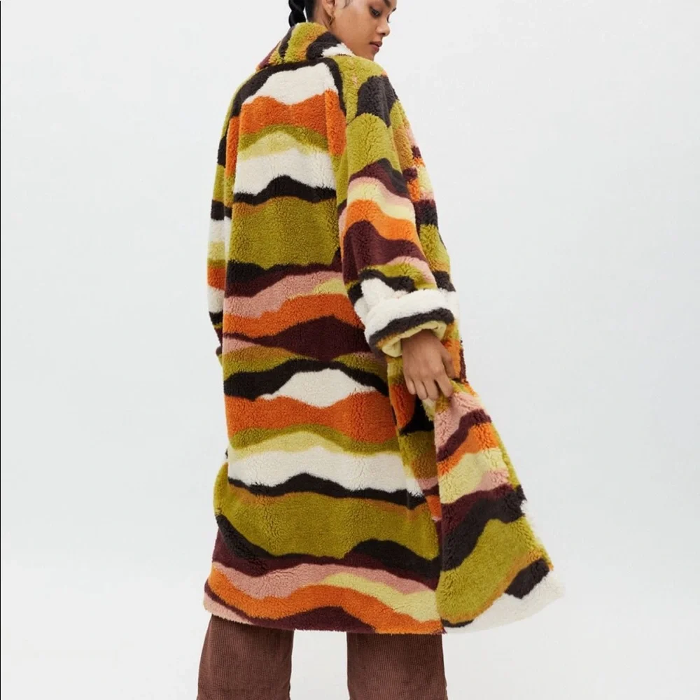 NWT UO Teddy Abstract Animal Print Striped Longline Teddy Coat - Picture 2 of 6